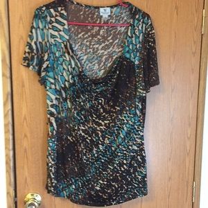 Turquoise and brown short sleeve blouse